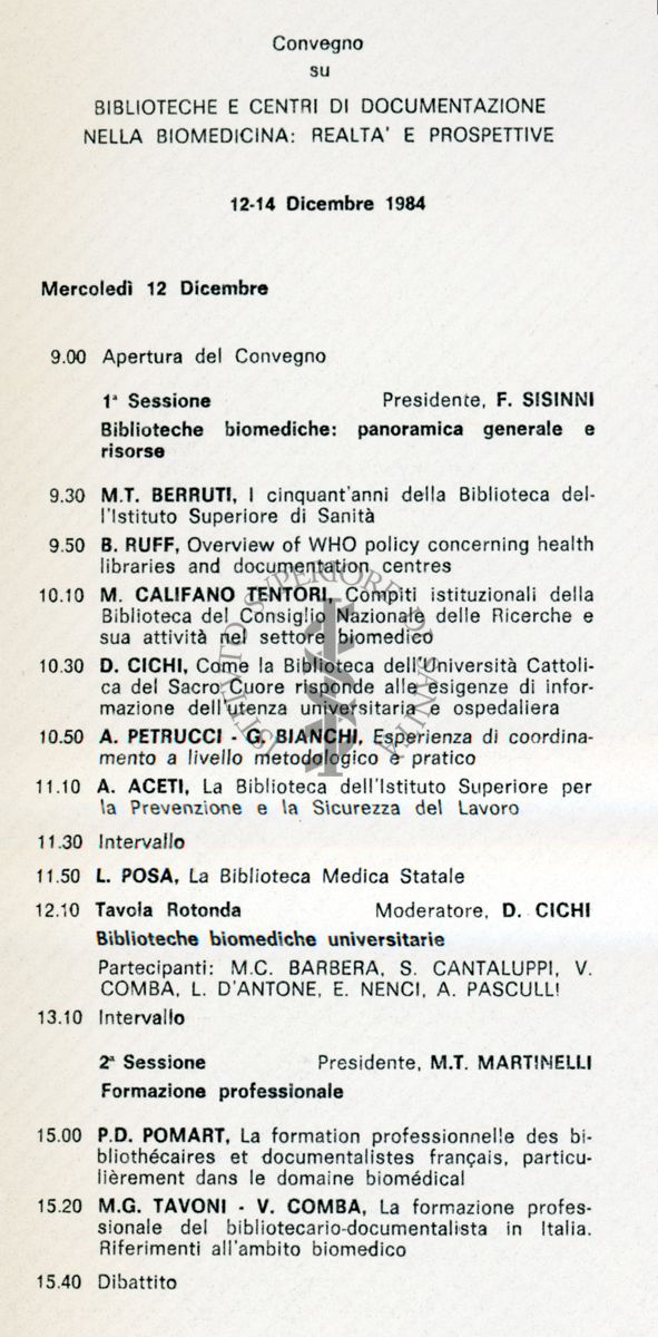 Programma del Convegno nella giornata del 12 dicembre 1984