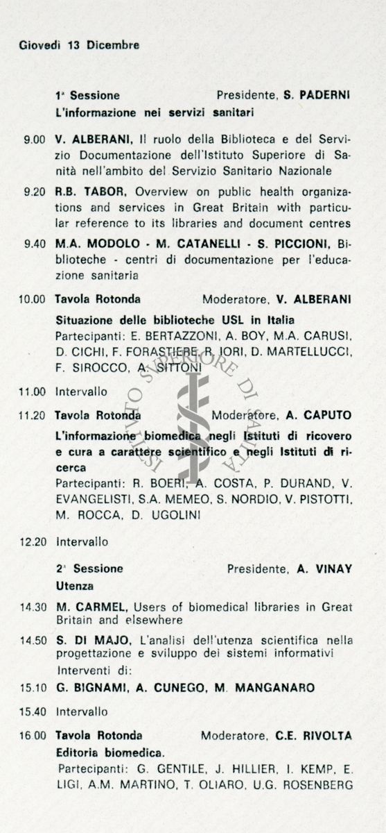 Programma del Convegno nella giornata del 13 dicembre 1984