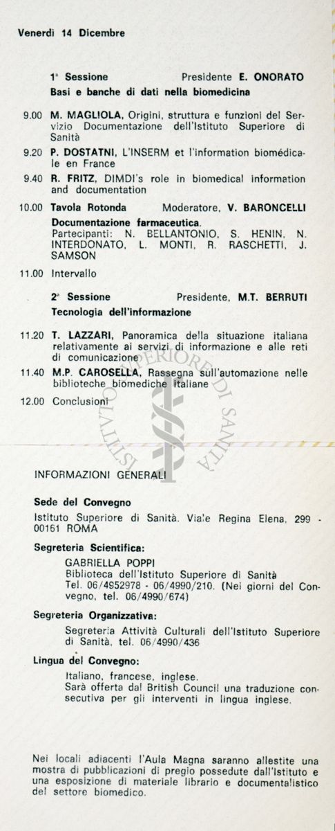 Programma del Convegno nella giornata del 14 dicembre 1984 e informazioni generali