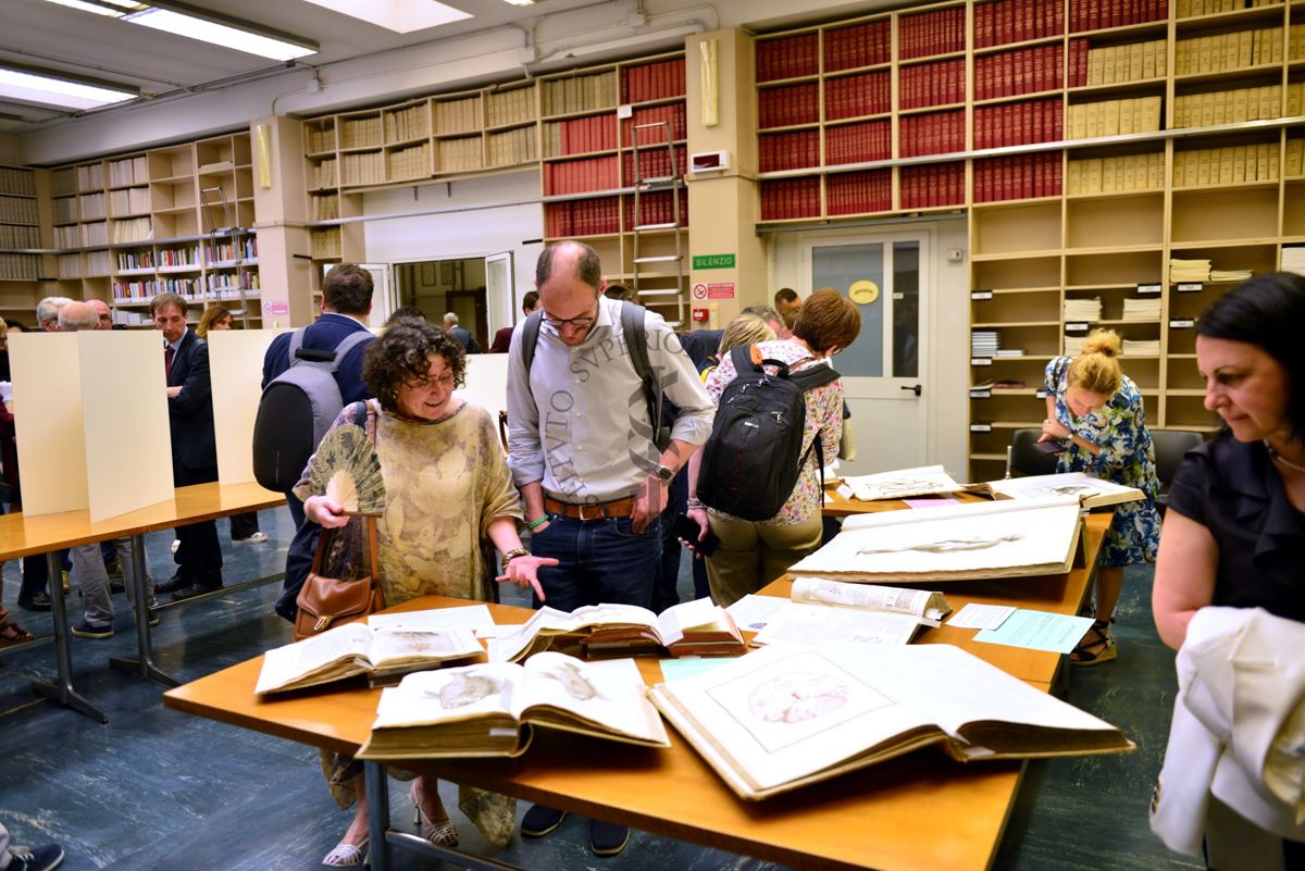 Alcuni partecipanti al Convegno Formazione e Ricerca in Igiene e Sanità ammirano i volumi del Fondo Antico durante la visita alla Biblioteca dell'Istituto Superiore di Sanità