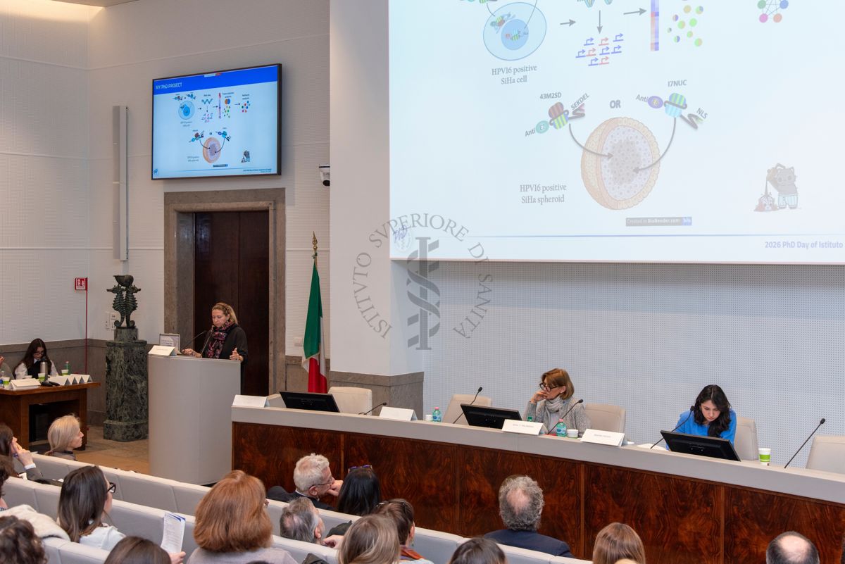 Intervento della Dott.ssa Susanna Falcucci, PhD student in Scienze delle Malattie Infettive, Microbiologia, Medicina Legale e Sanità Pubblica (a sinistra). Al tavolo dei relatori la Prof.ssa Anna Teresa Palamara, Direttore del Dipartimento di Malattie Infettive dell'Istituto Superiore di Sanità (al centro) e la Dott. Matilda Hushi del Dipartimento Malattie Infettive dell'Istituto Superiore di Sanità (a destra)