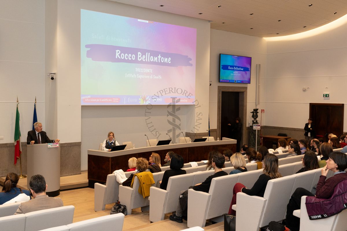 Panoramica sui i partecipanti al Convegno "Arte e Scienza per le Malattie Rare" durante l'intervento del Prof. Rocco Bellantone, Presidente dell'Istituto Superiore di Sanità