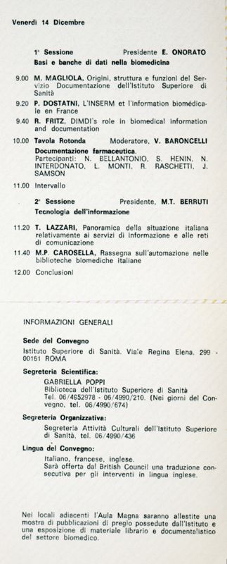 Programma del Convegno nella giornata del 14 dicembre 1984 e informazioni generali