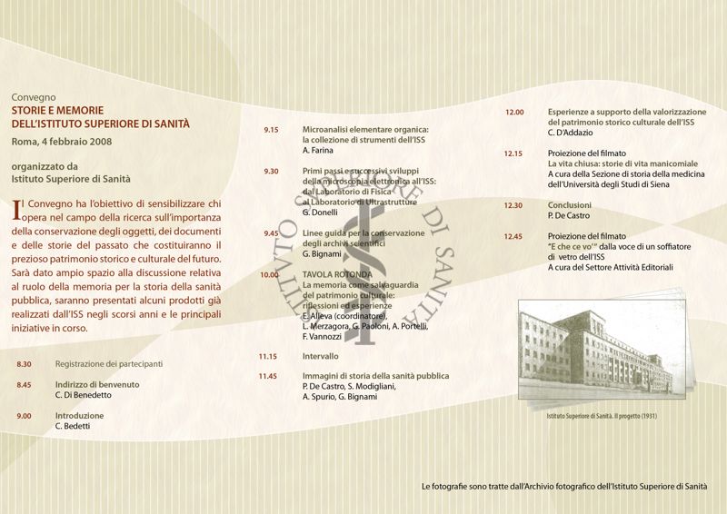 Locandina del programma del Convegno "Storie e memorie dell'Istituto Superiore di Sanità" Roma, 4 febbraio 2008