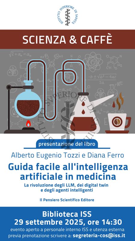 Locandina della presentazione del libro "Guida facile all'intelligenza artificiale in medicina" di Alberto Eugenio Tozzi e Diana Ferro