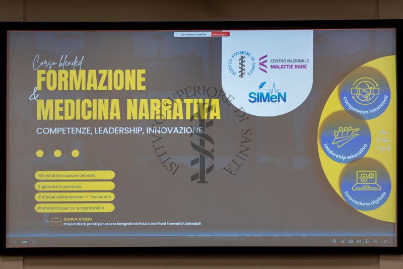 Schermata di presentazione del Corso blended Formazione e Medicina Narrativa organizzato dal Centro Malattie Rare dell'Istituto Superiore di Sanità