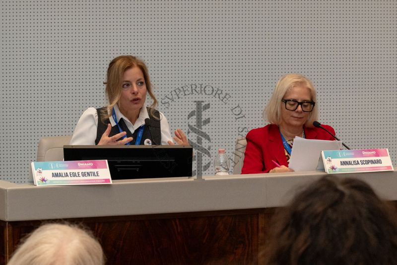 Intervento della Dott.ssa Amalia Egle Gentile, responsabile del Laboratorio di Health Humanities, Centro Nazionale Malattie Rare dell'Istituto Superiore di Sanità (a sinistra). Accanto a lei la Dott.ssa Annalisa Scopinaro, Presidente della Federazione Italiana Malattie Rare