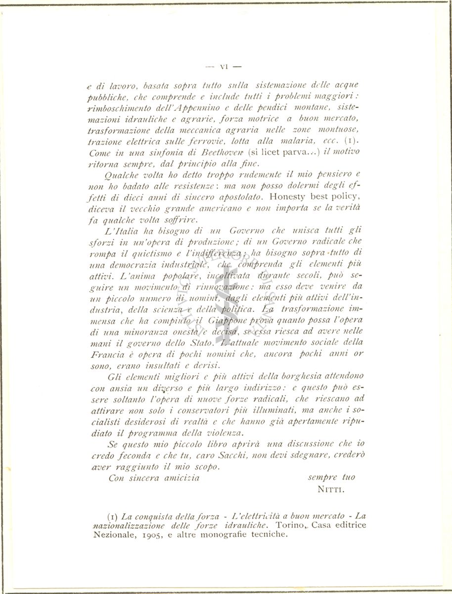 Lettera di Nitti all'On. Ettore Sacchi, datata dicembre 1906. Seconda pagina