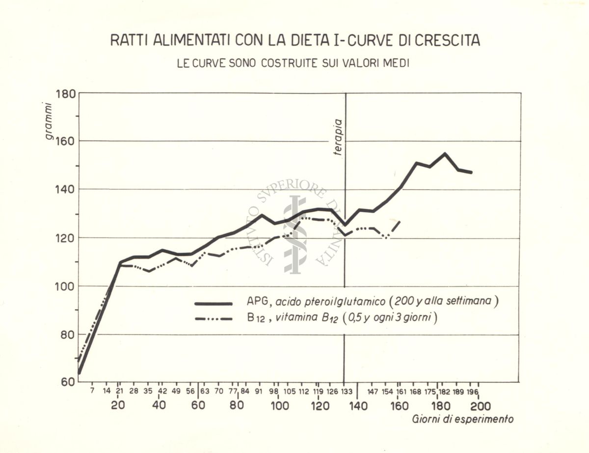 Tracciati che mostrano le curve di crescita dei ratti alimentati con acido Pteroilglutammico e Vitamina B.12