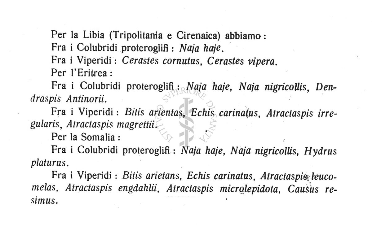 Tabella qualificativa dei serpenti velenosi delle Colonie Africane