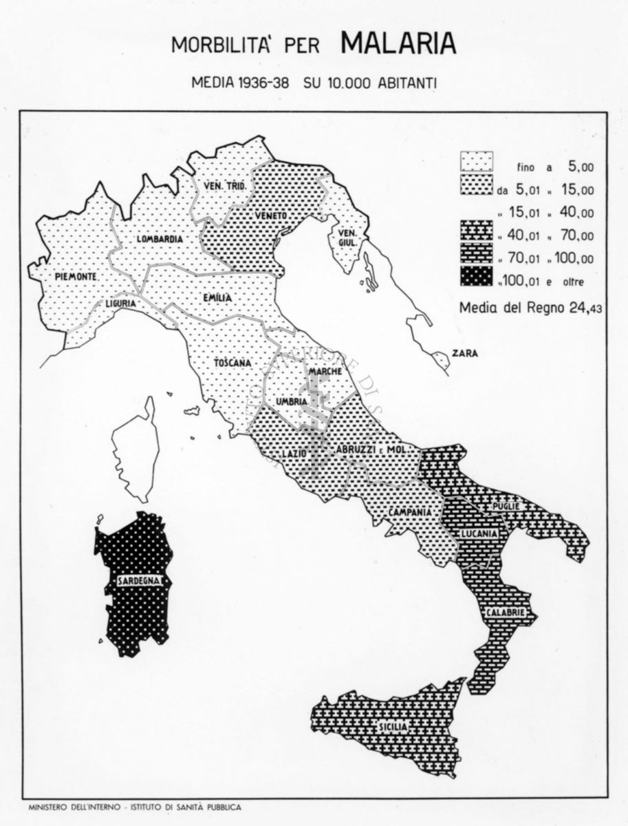 Cartogramma riferito alla morbilità per malaria in Italia negli anni 1936-1938 su 10.000 abitanti