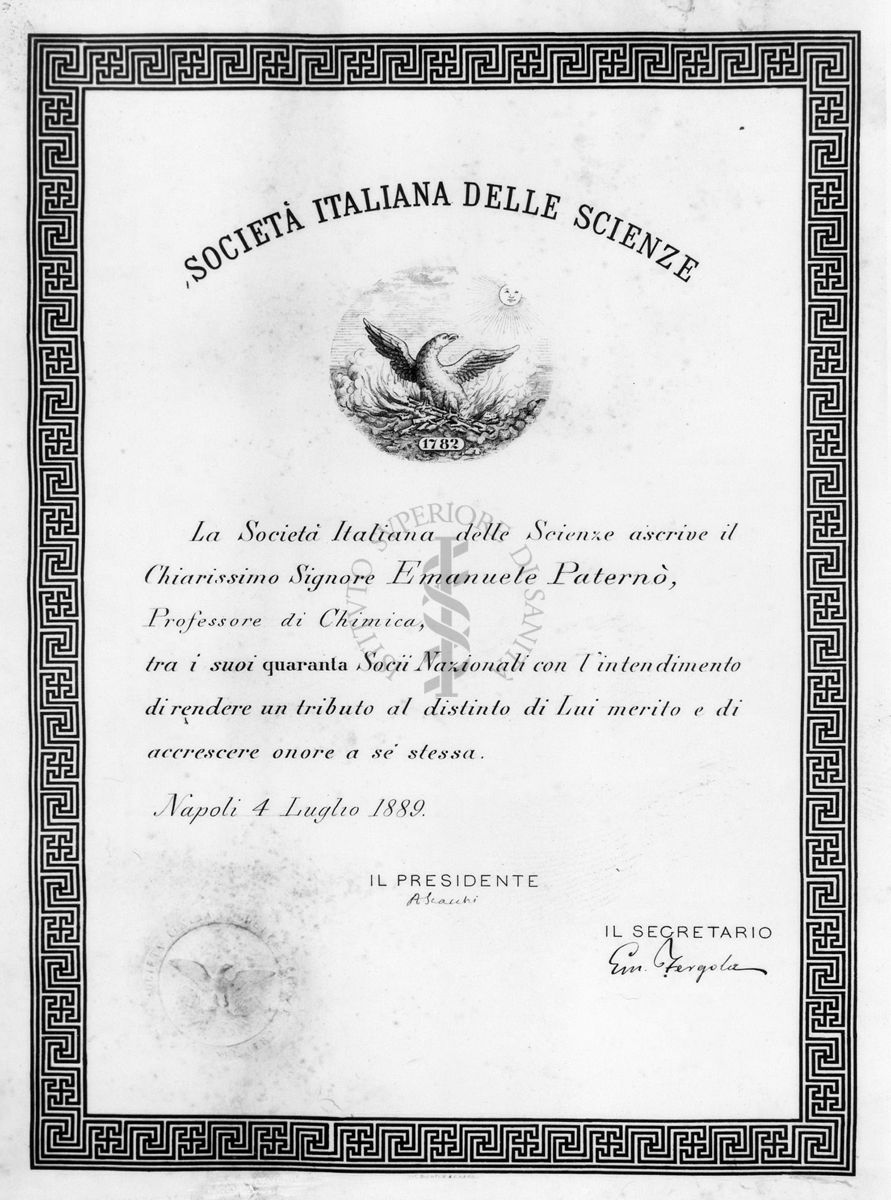 Attestato della Società Italiana delle Scienze per l'iscrizione del prof. Emanuele Paternò nell'Accademia dei Quaranta.