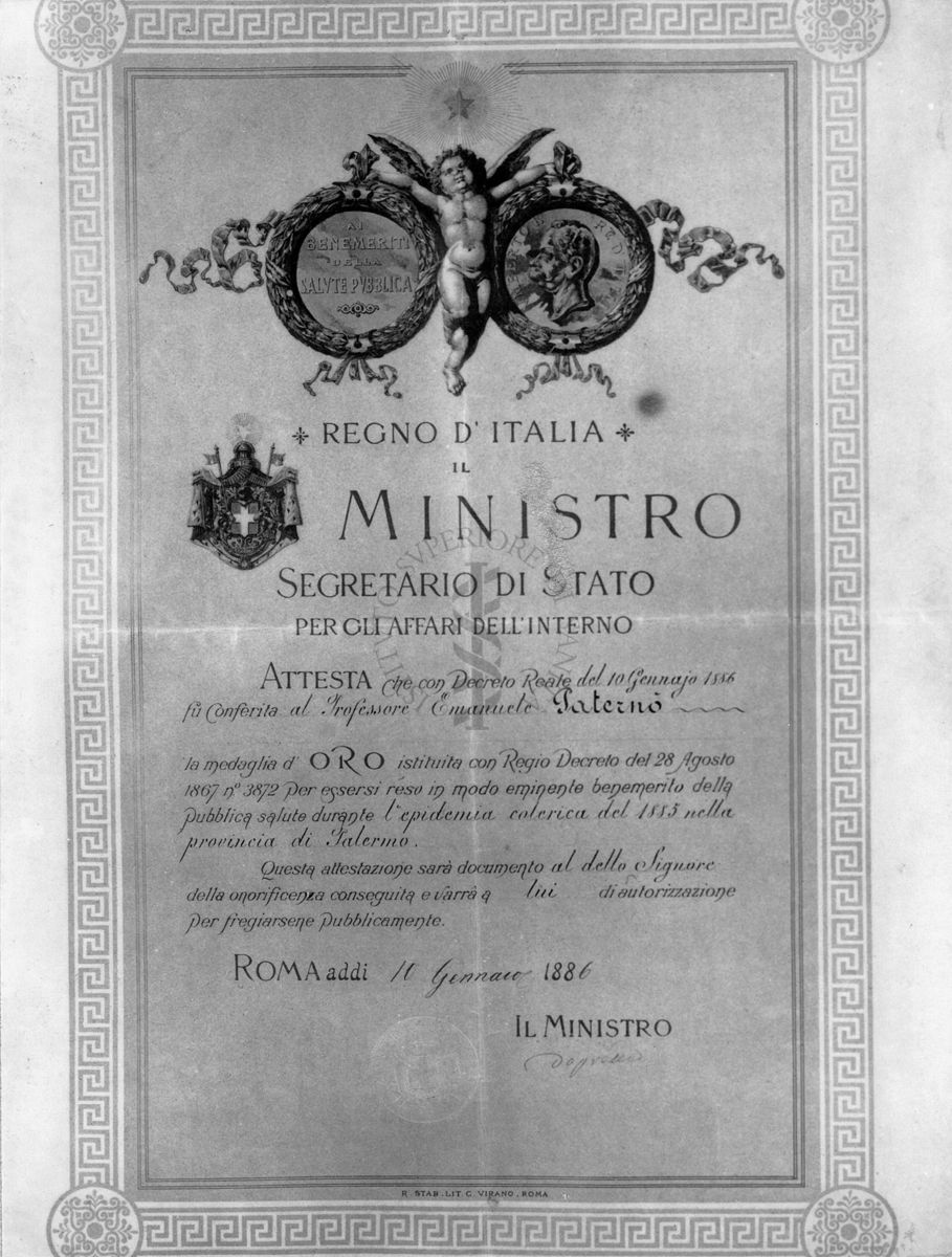 Attestato del Ministero dell'Interno per la concessione di una medaglia d'oro al prof. Emanuele Paternò.