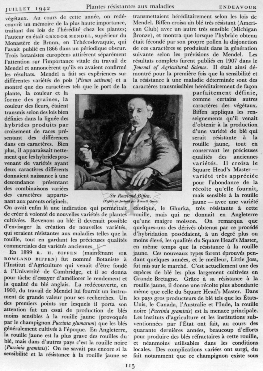 Riproduzione della seconda pagina dell'articolo "Plantes résistantes aux maladies" di F. T. Brooks, pagina 115 della rivista Endeavour, edizione francese