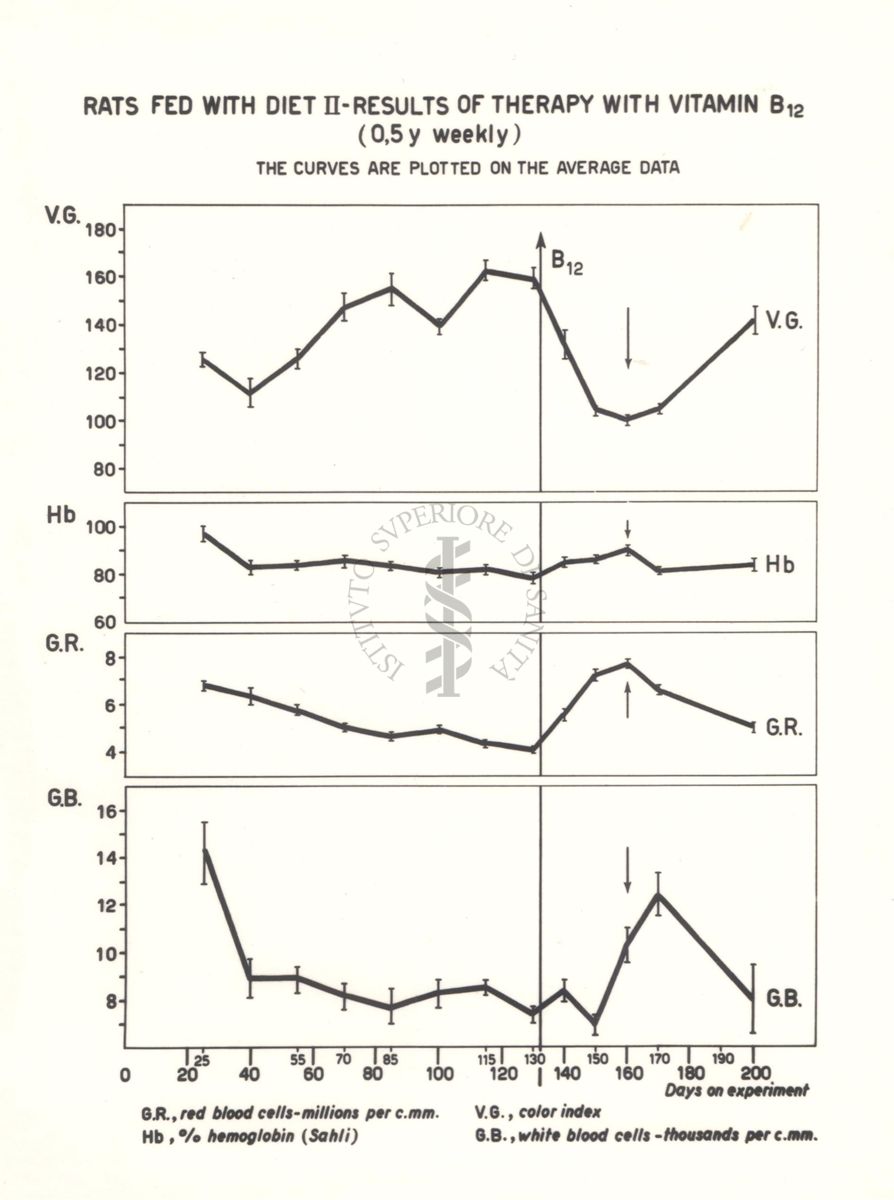 Curve dei dati ematologici di ratti carenti di acido folico trattati con vitamina B.12