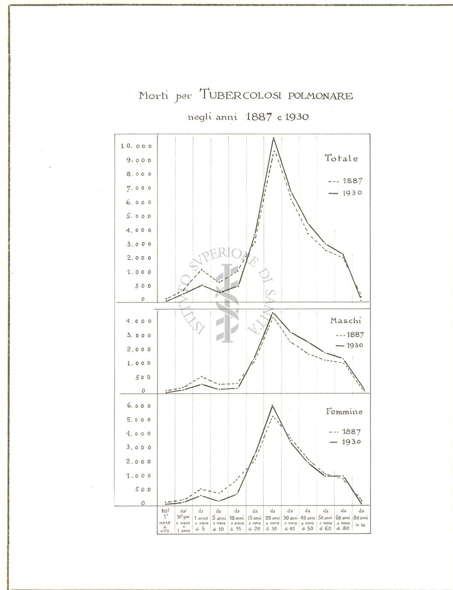 Diagramma riguardante i morti per tubercolosi polmonare negli anni 1887 e 1930