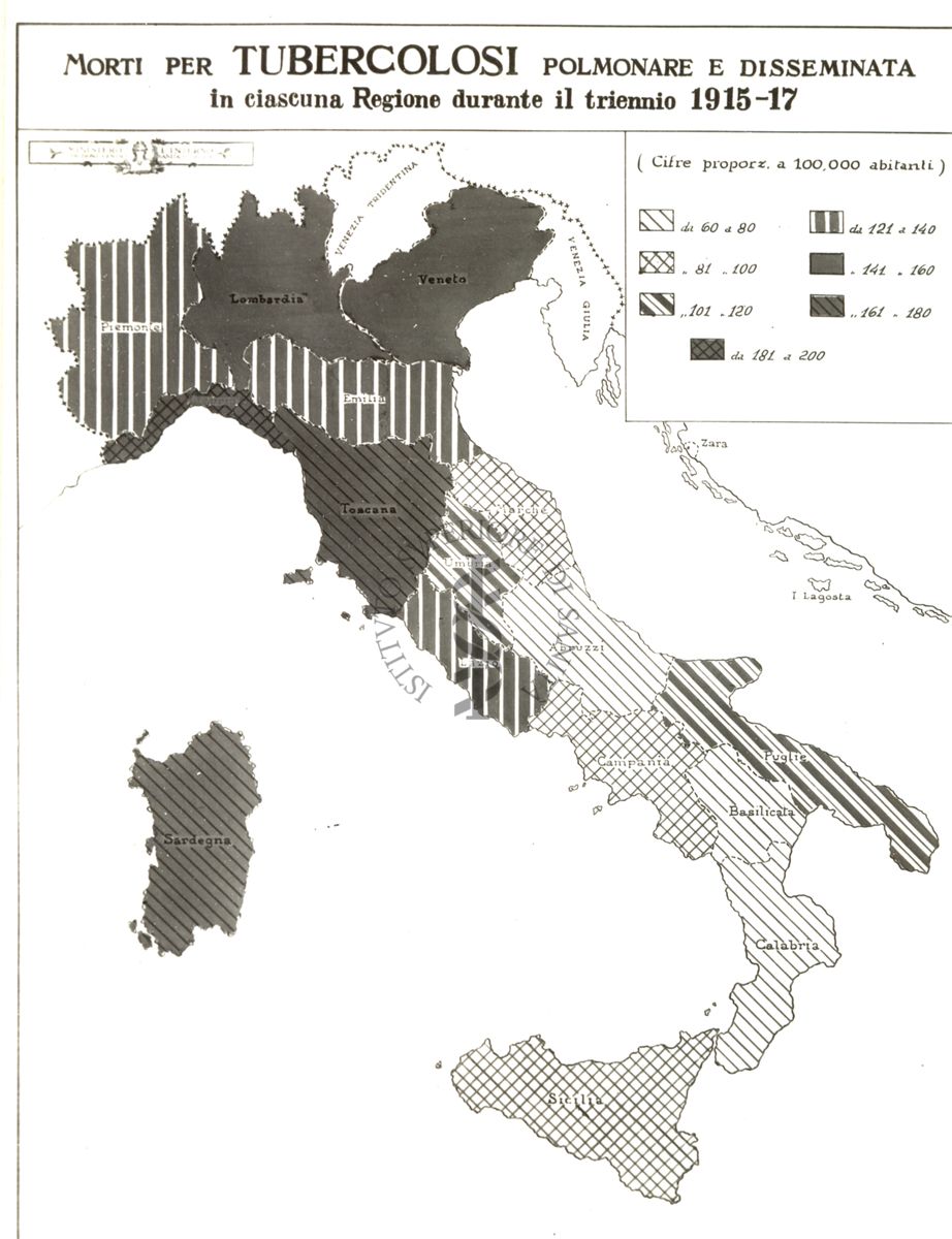 Cartogramma riguardante i morti per tubercolosi polmonare disseminata in ciascuna regione durante il triennio 1915-17