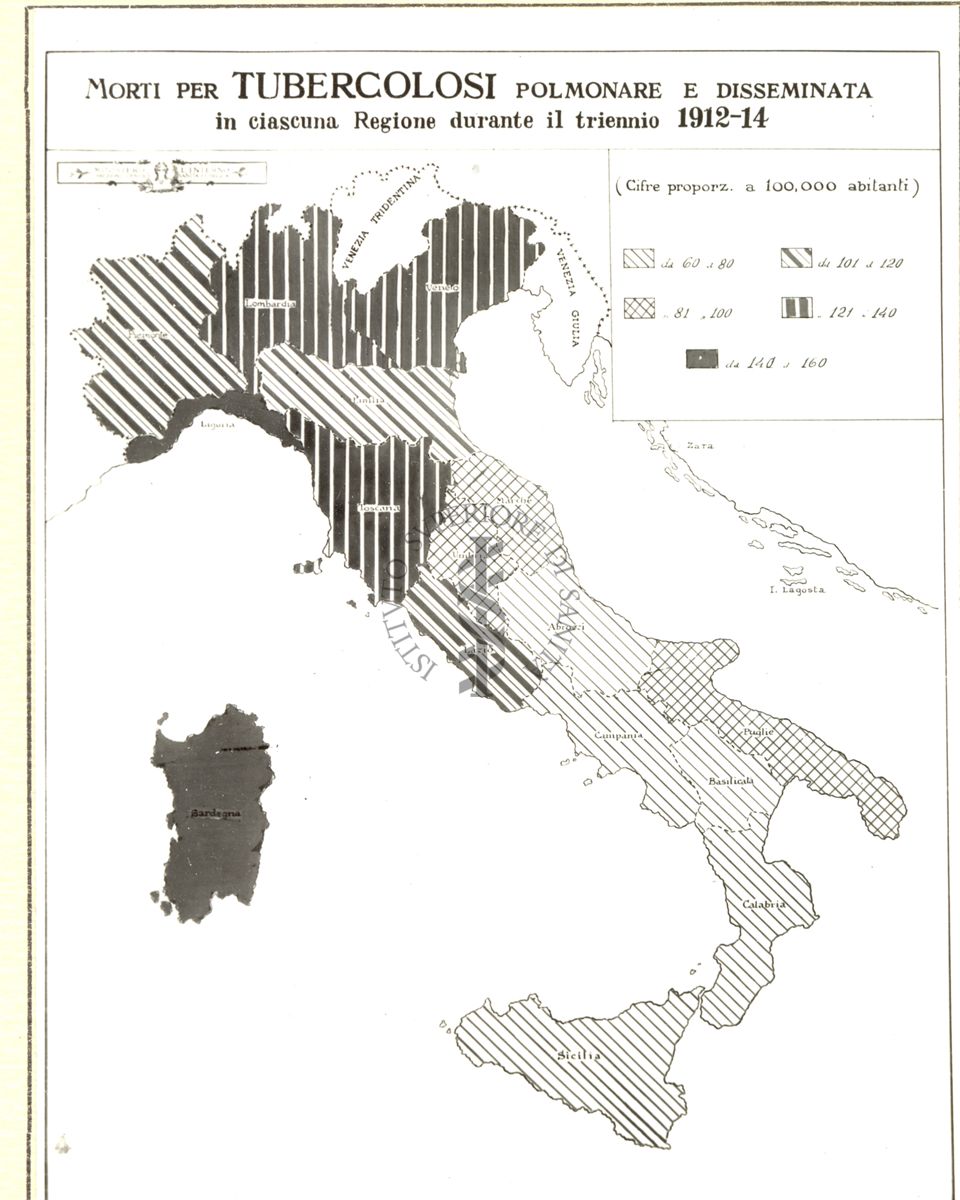 Cartogramma riguardante i morti per tubercolosi polmonare disseminata in ciascuna regione durante il triennio 1912-14