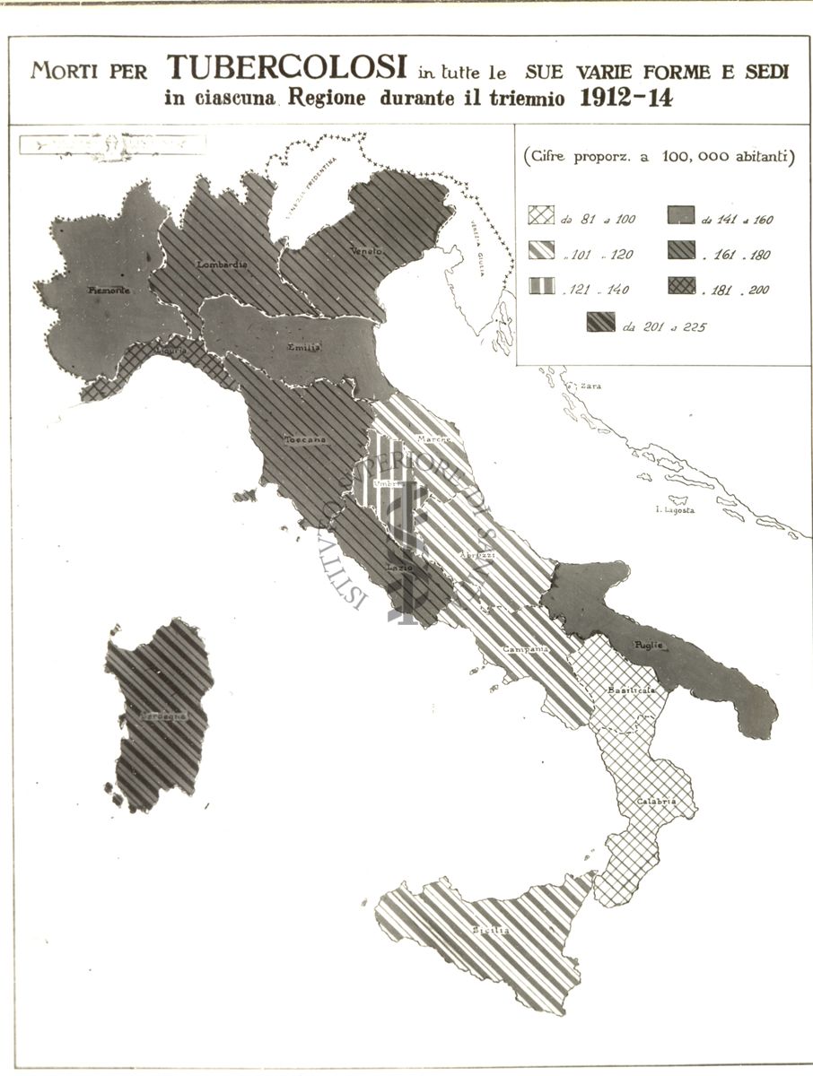 Cartogramma riguardante i morti per tubercolosi in tutte le sue varie forme e sedi in ciascuna regione durante il triennio 1915-17