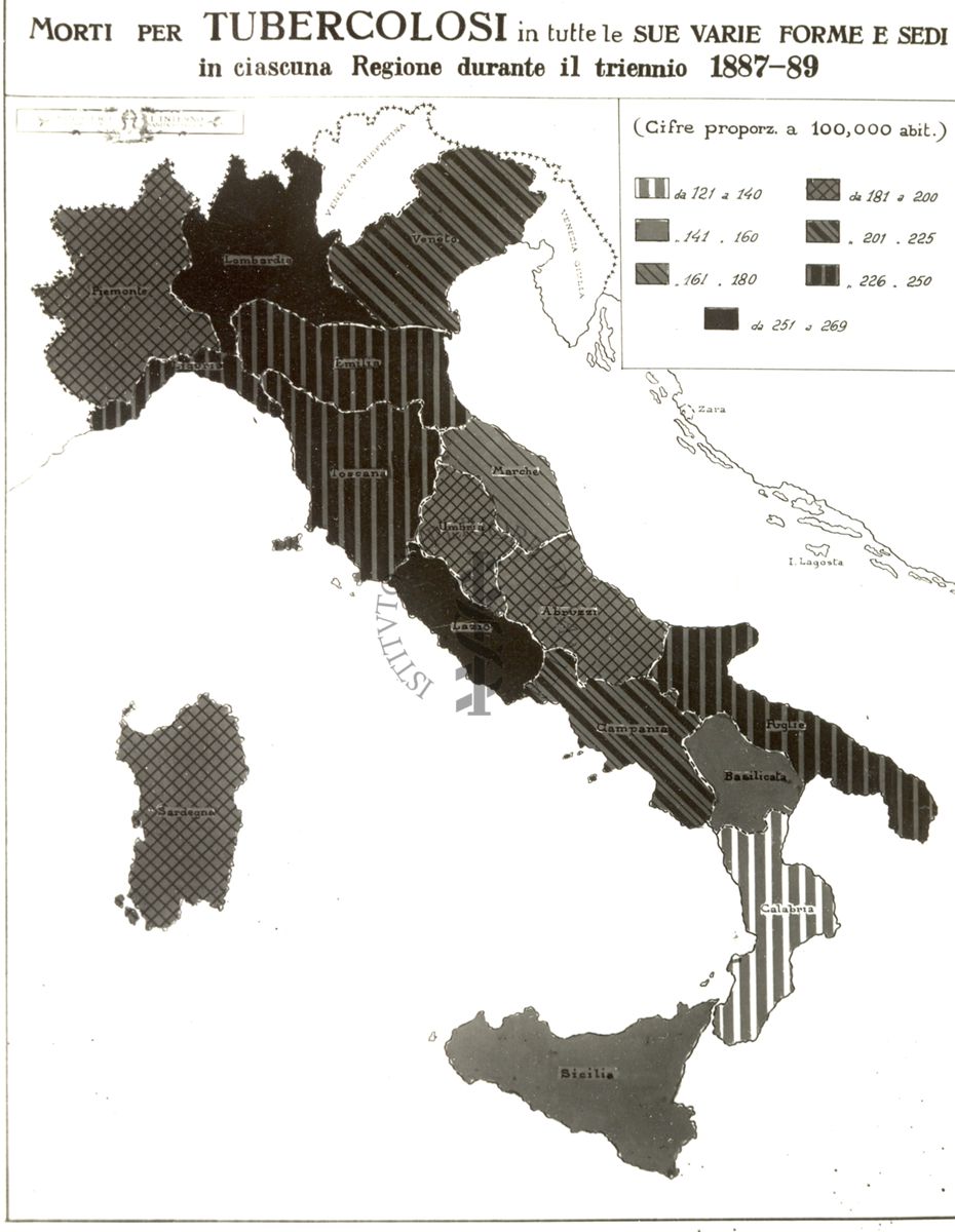 Cartogramma riguardante i morti per tubercolosi in tutte le sue varie forme e sedi in ciascuna regione durante il triennio 1887-89