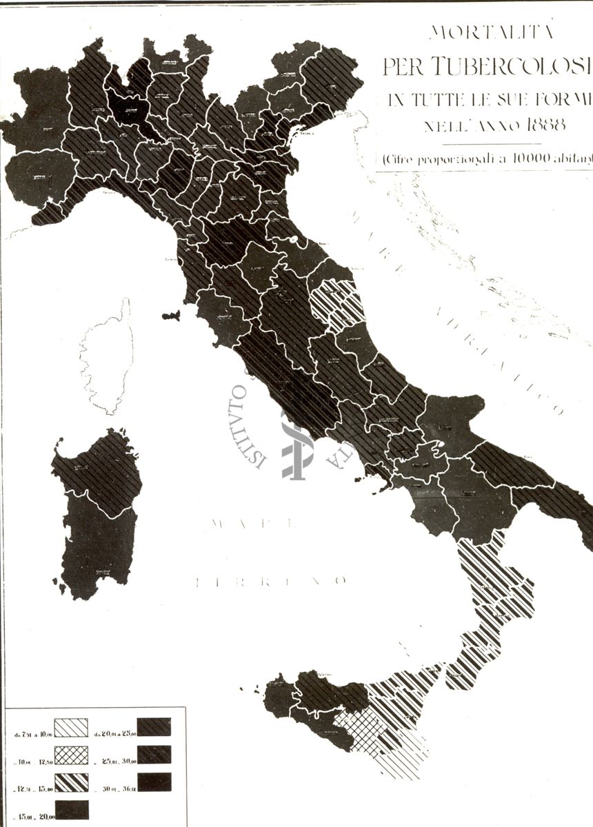 Cartogramma riguardante la mortalità per tubercolosi in tutte le sue forme nell'anno 1888