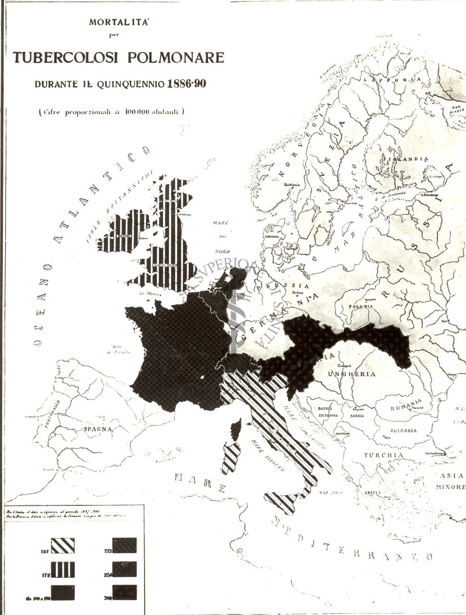 Carta d'Europa riguardante la mortalità per tubercolosi polmonare durante il quinquennio 1886-90