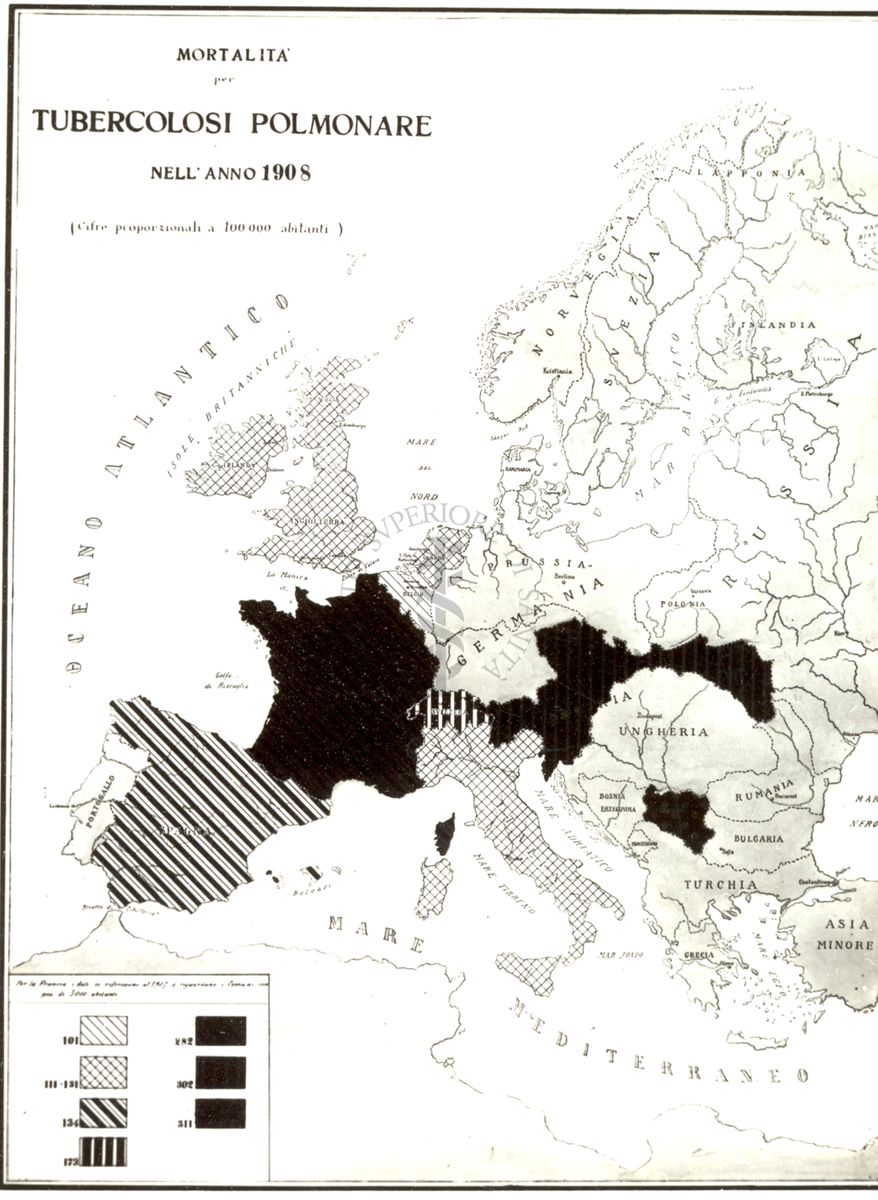 Carta d'Europa riguardante la mortalità per tubercolosi polmonare durante il quinquennio 1886-90