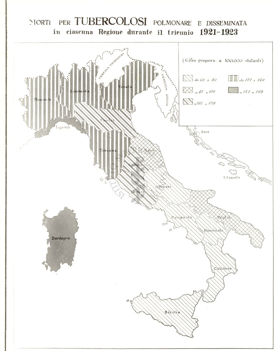 Cartogramma riguardante i morti per tubercolosi polmonare e disseminata in ciascuna regione durante il triennio 1921-1923