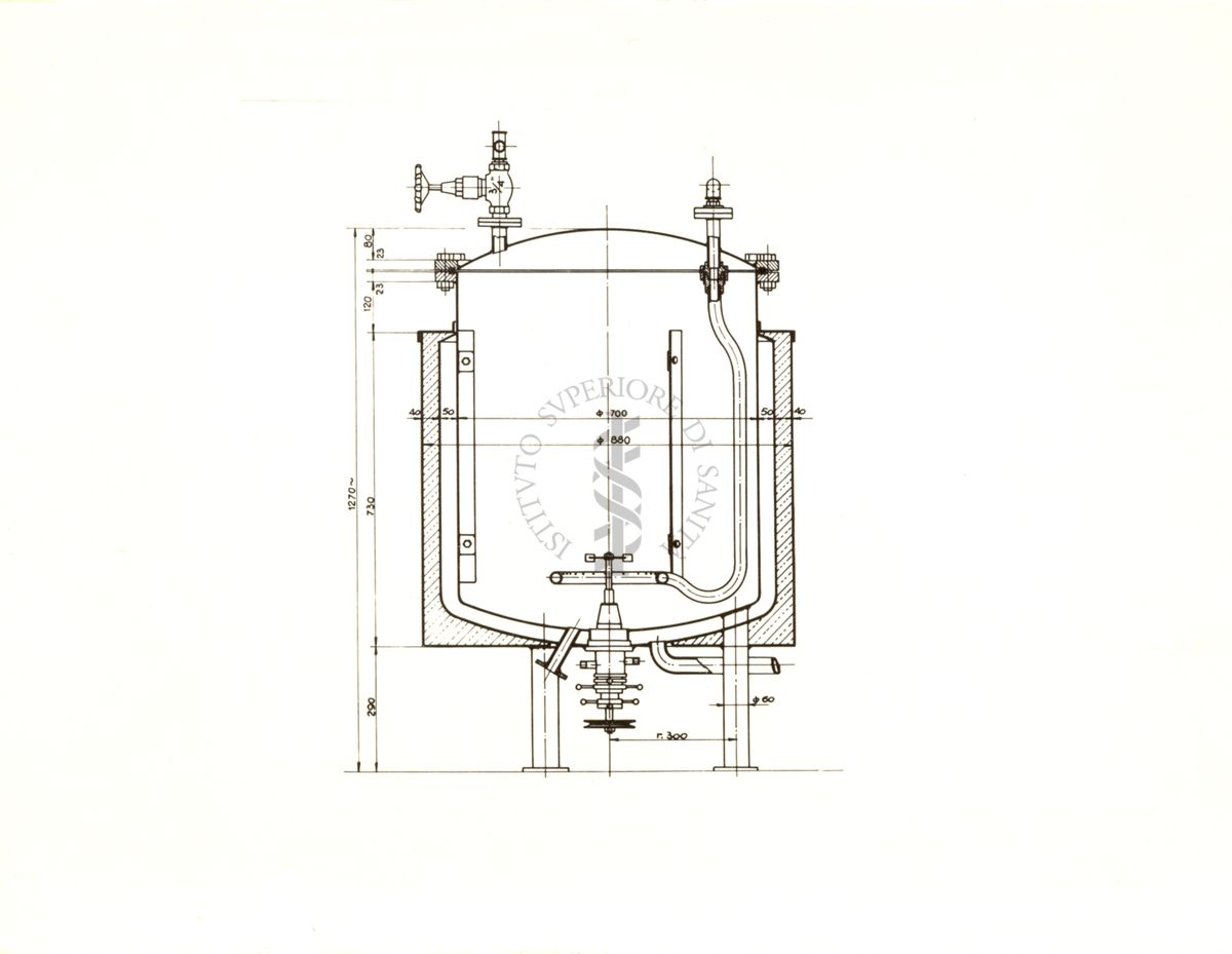 Schema di fermentatore  da 200 litri con agitatore in basso dell'impianto pilota dell'Istituto Superiore di Sanità