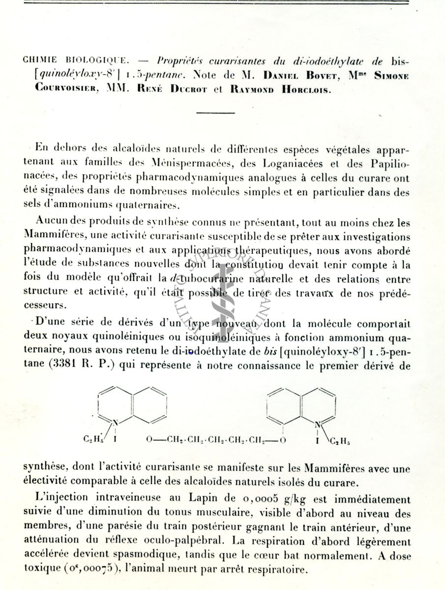 Pagina 1 di: Chimie biologique - Propriétés curarisantes du di-iodométhylate de bis-(quinoleyloxy-8')-1.5-pentane. Note de Daniel Bovet, Simon Courvoisier, René Ducrot et Raymond Horclois