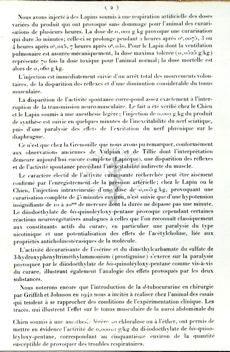 Pagina 2 di: Chimie biologique - Propriétés curarisantes du di-iodométhylate de bis-(quinoleyloxy-8')-1.5-pentane. Note de Daniel Bovet, Simon Courvoisier, René Ducrot et Raymond Horclois