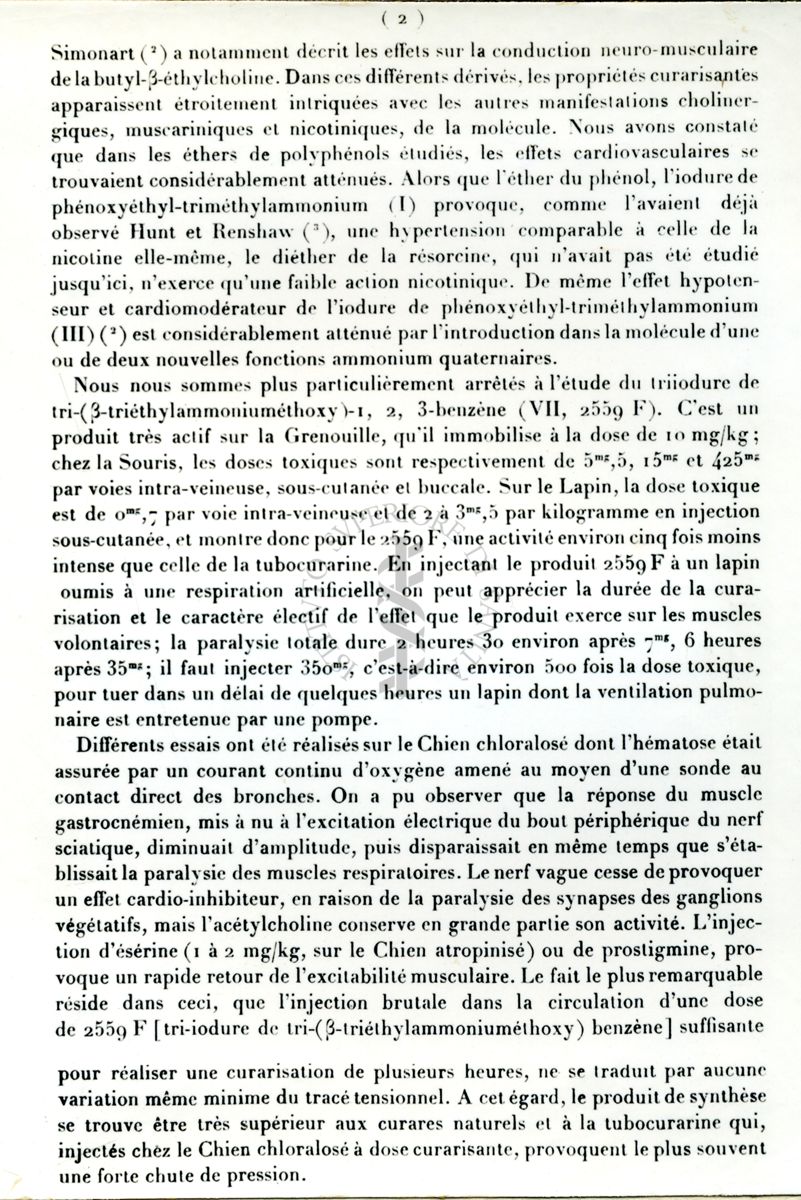 Pagina 2 di: Physiologie - Propriétés curarisantes des éthers phénoliques à fonctions ammonium quaternaires. Note de Daniel Bovet, France Depierre et Yvonne de Lastrange