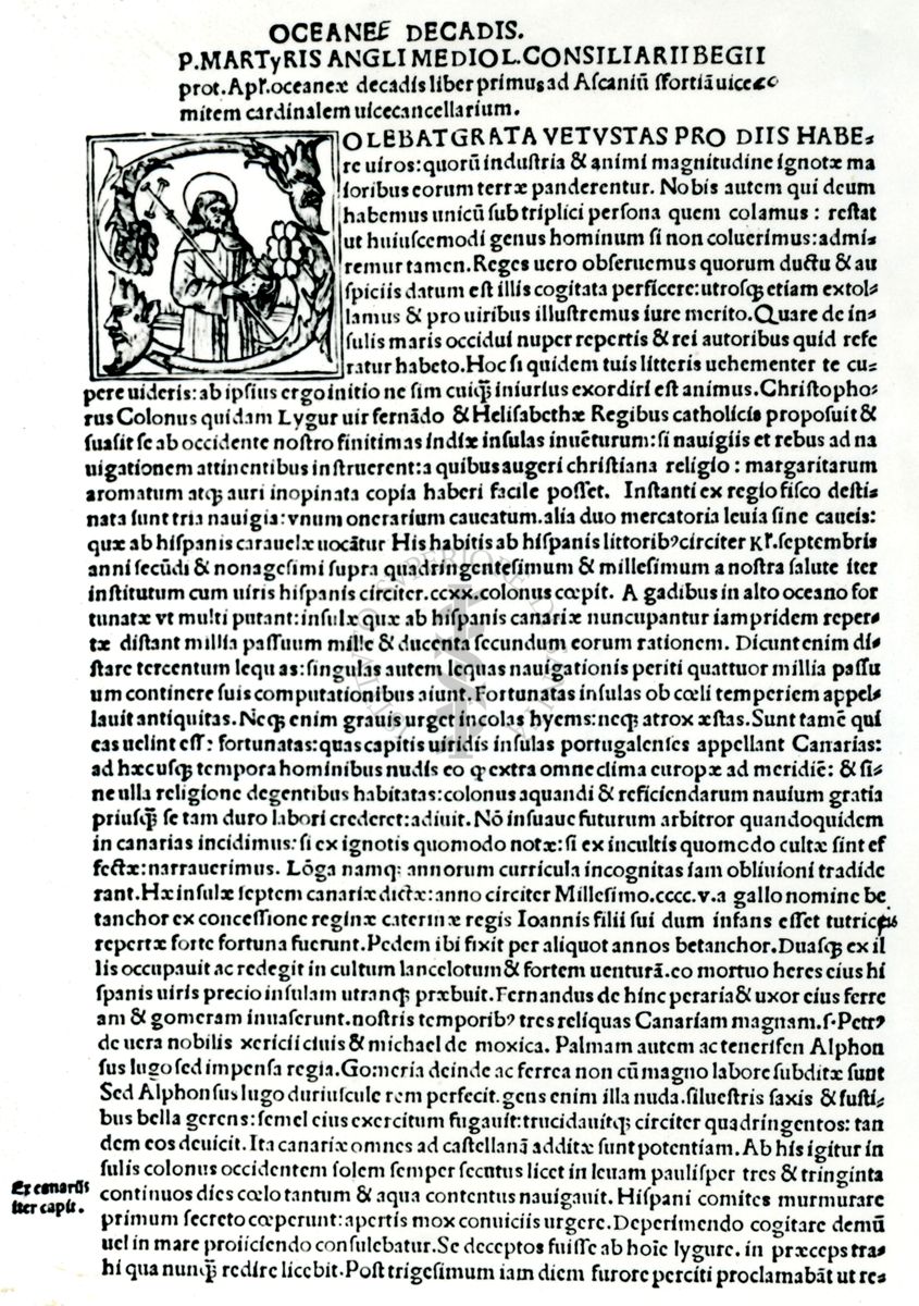 Prima pagina del "De orbe novo decades" di Pietro Martire d'Anghiera, primo testo in cui si trova menzione del Curaro