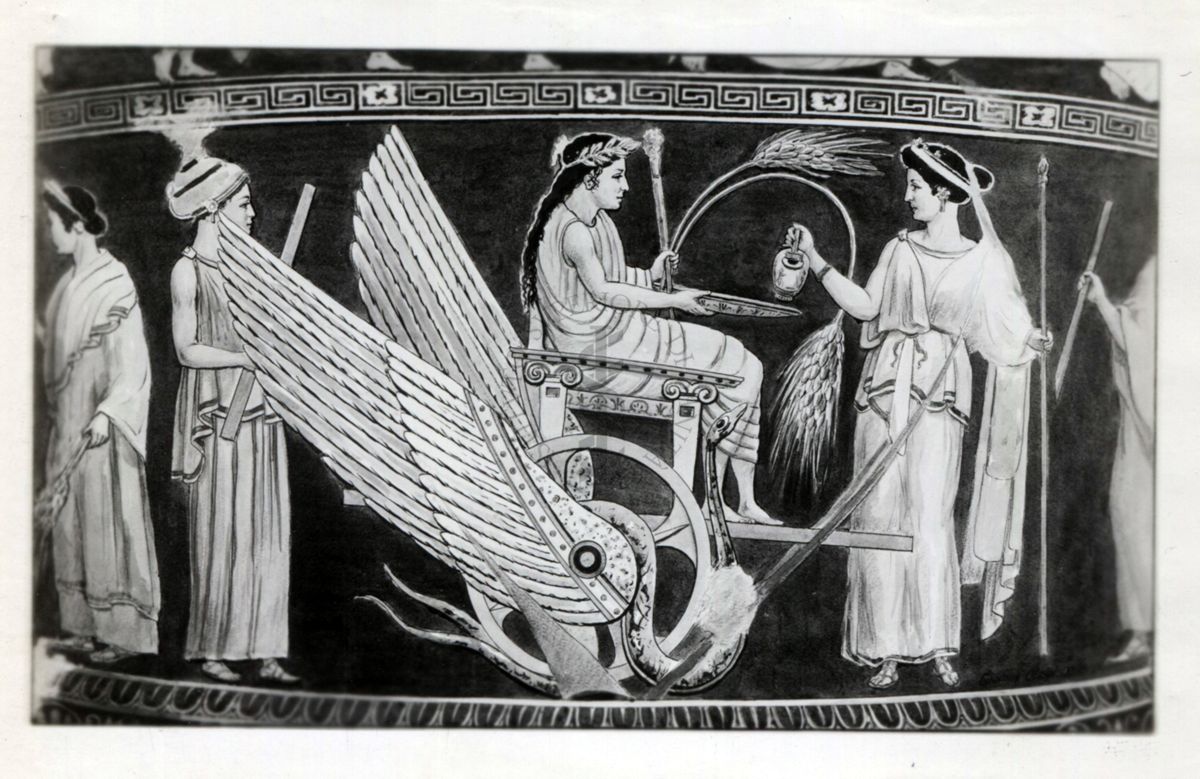 Dipinto sopra vaso greco del VI sec. a.c. che rappresenta il mito della Dea Demeter che incarica il suo primo sacerdote Triptolemos a girare il mondo per diffondere la cultura del grano