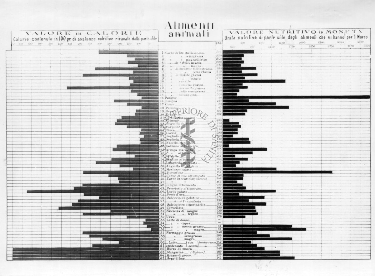 Diagramma riguardante gli alimenti animali. Valore in calorie e valore nutritivo in moneta.