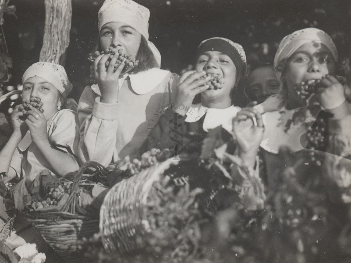 Bambini che mangiano dell'uva alla festa della vendemmia nella Colonia Antimalarica "Bartolomeo Gosio"