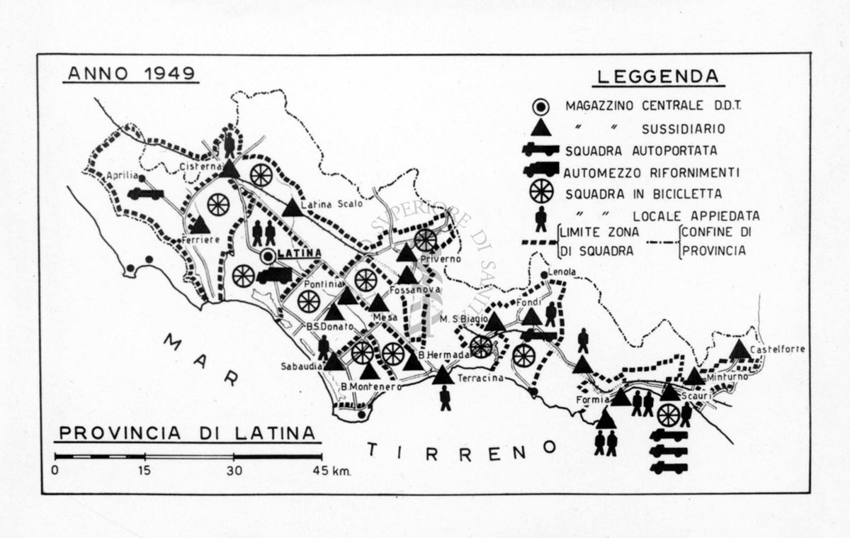 Cartogramma riguardante l'organizzazione del DDT nella provincia di Latina nell'anno 1949
