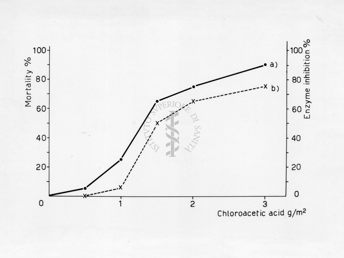 Rapporto fra percentuale mortalità e percentuale inibizione T.P. Dasica in musca domestica a contatto con acido cloroacetico