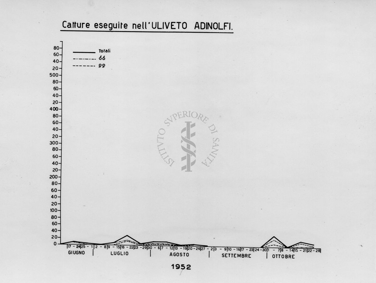 Diagramma relativo le catture eseguite nell' "Uliveto Adinolfi" nel periodo da giugno a ottobre 1952