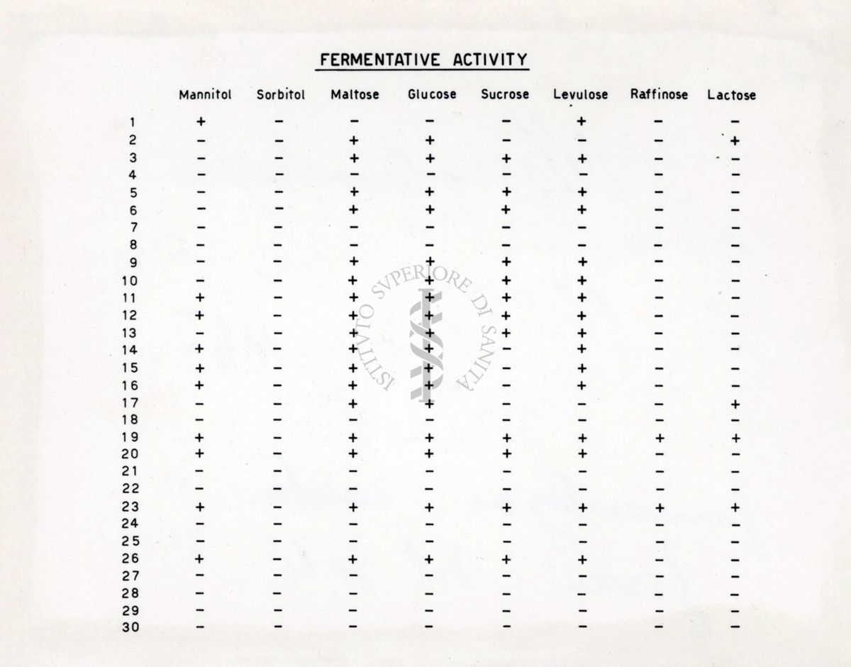 Tabella riguardante la fermentazione degli zuccheri. Germi del sale