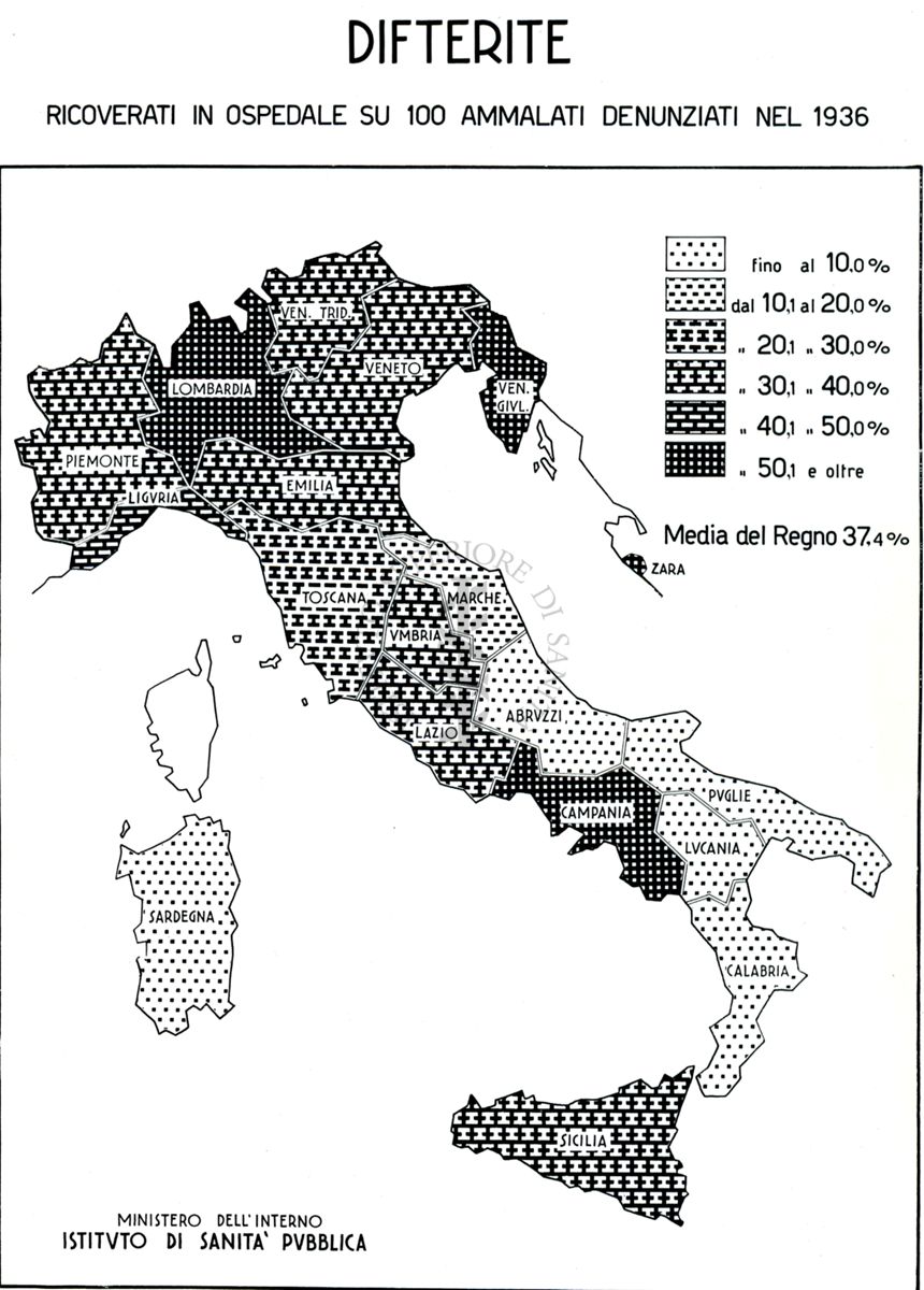 Cartogramma riguardante i casi di ricoveri per difterite