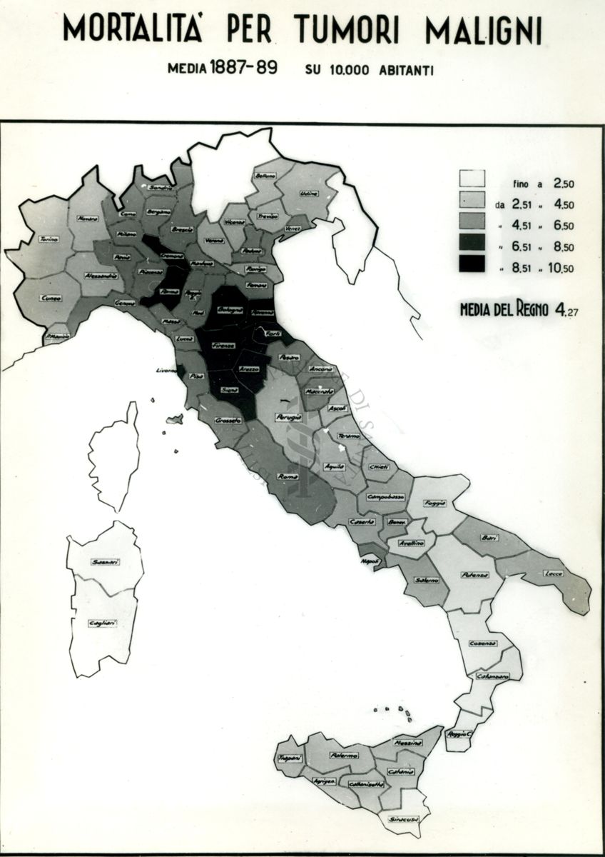 Cartogramma riguardante la mortalità per Tumori Maligni negli anni: 1887-89