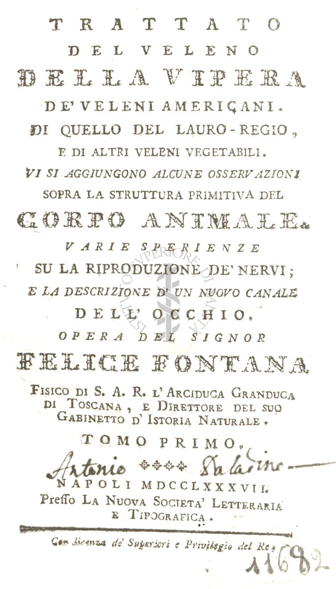 Frontespizio del libro antico Trattato del veleno della vipera, pubblicato nel 1787