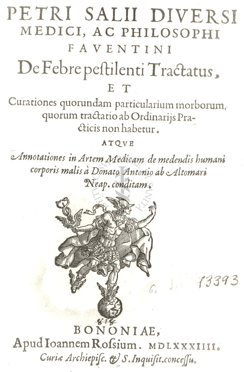 Frontespizio del libro antico De febre pestilenti tractatus, ..., di Pietro Salio Diversi (sec. 16.), pubblicato nel 1584