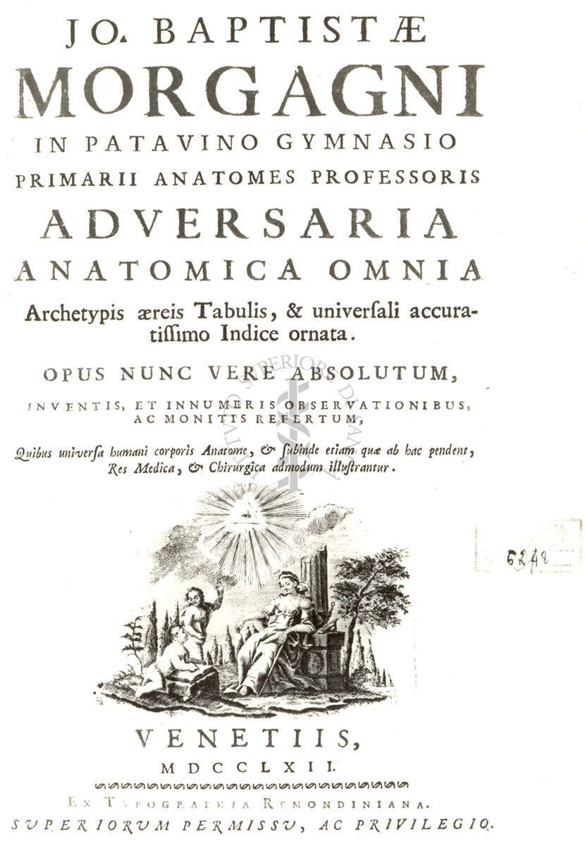 Frontespizio dell'opera Adversaria anatomica omnia..., dell'autore Giovanni Battista Morgagni (1682-1771), pubblicata nel 1762