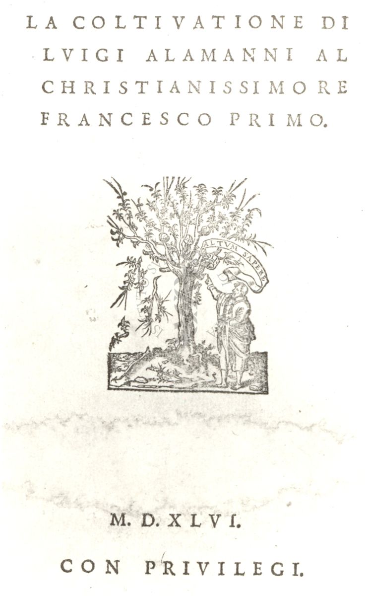 Frontespizio dell'opera La coltiuatione di Luigi Alamanni al christianissimo re Francesco primo, pubblicato nel 1546