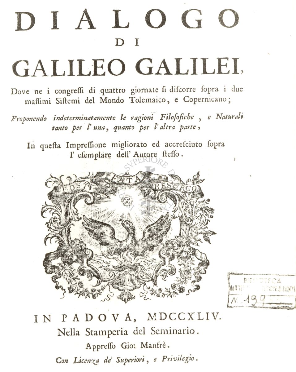 Frontespizio di libro antico Dialogo di Galileo Galilei, pubblicato nel 1744