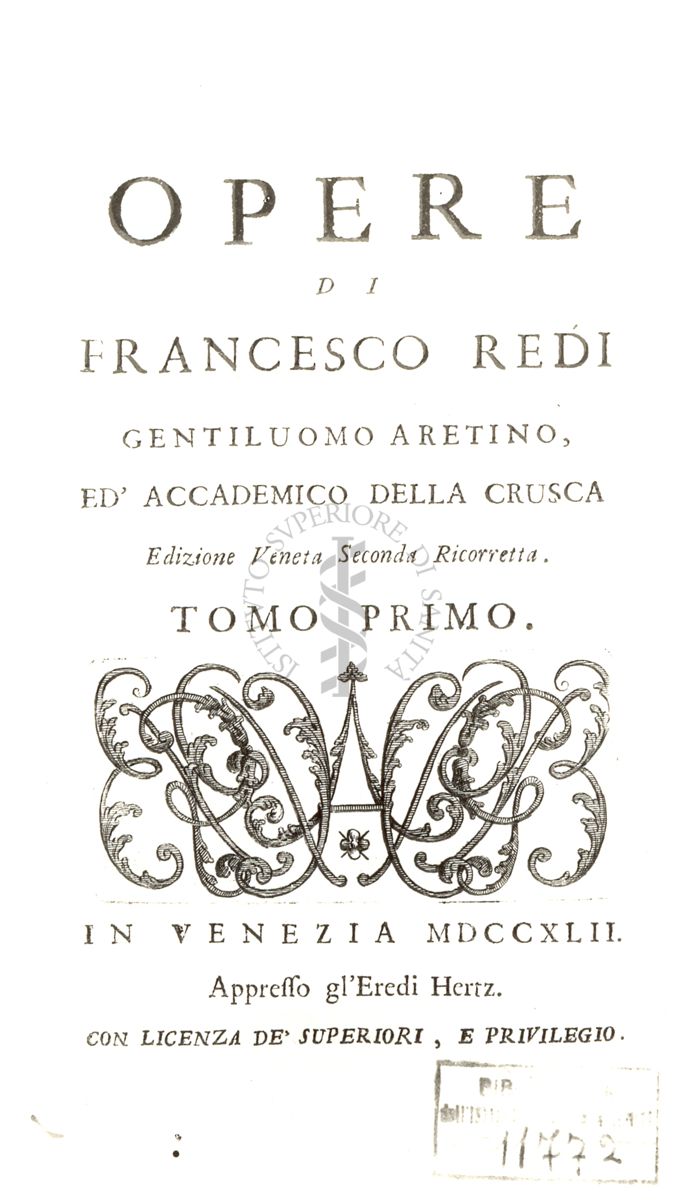 Frontespizio del libro antico Opere di Francesco Redi gentiluomo aretino, ed' accademico della Crusca edizione veneta seconda ricorretta, pubblicata nel 1742