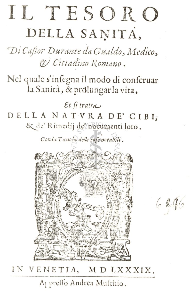 Frontespizio del libro antico Il tesoro della sanità, dell'autore Castore Durante (1529-1590), pubblicato nel 1589