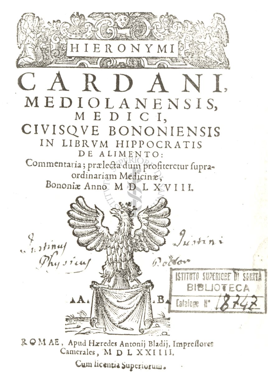 Frontespizio dell'opera In librum Hippocratis De alimento: ..., dell'autore  Girolamo Cardano (1501-1576), pubblicato nel 1574